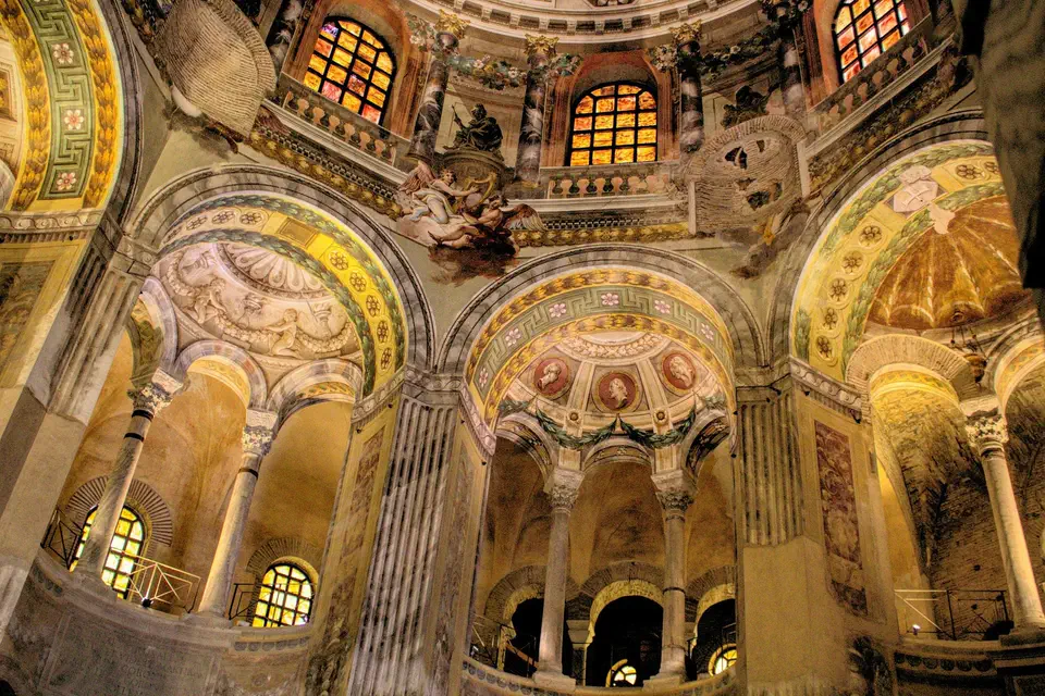 Inside the Basilica of San Vitale: arches and Byzantine mosaics